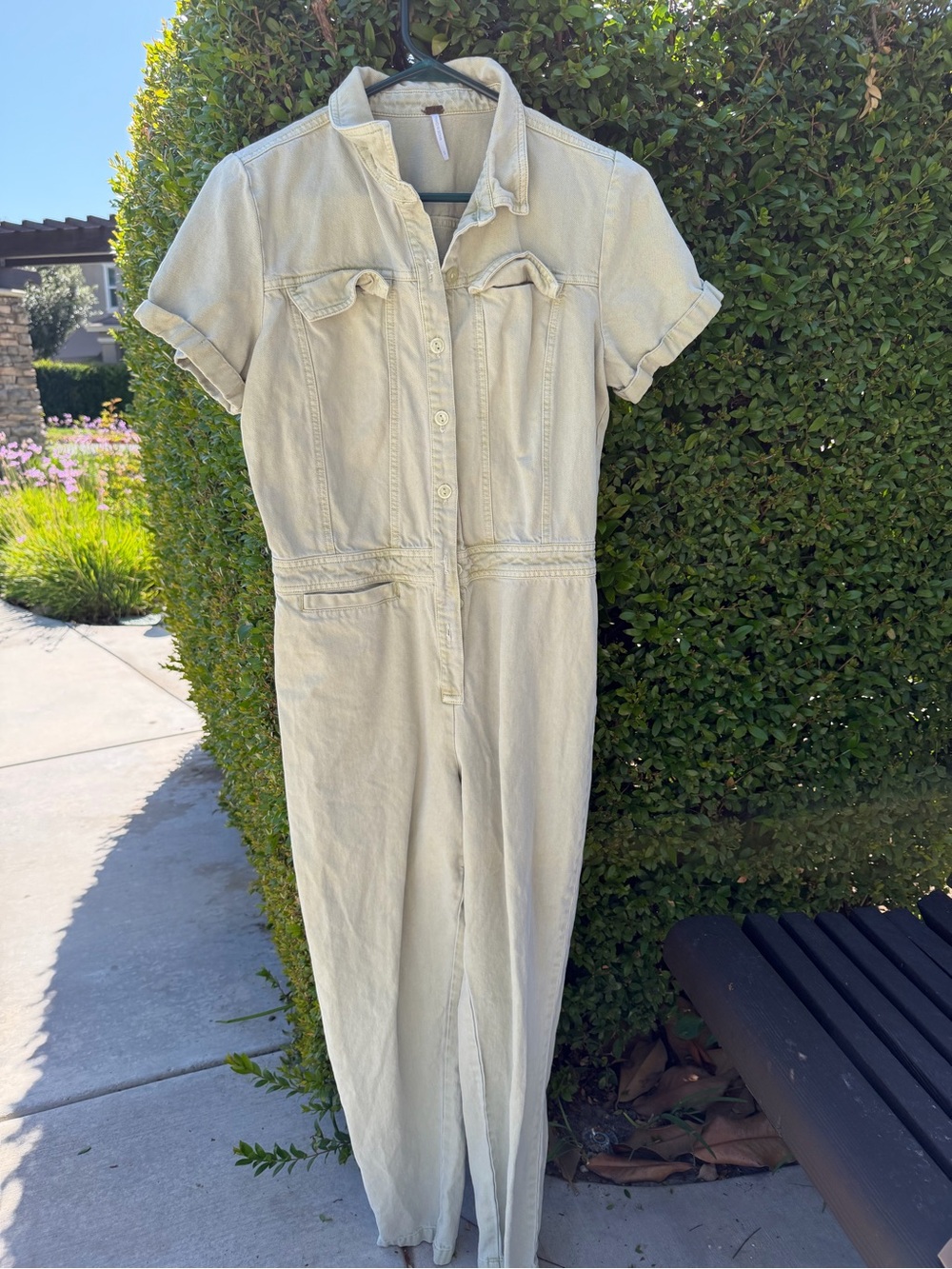 Light Cream Short-Sleeve Denim Jumpsuit